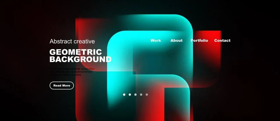 Dark background features vibrant geometric shapes, text elements, navigation Stock Illustration