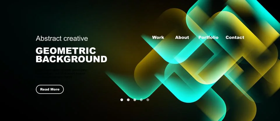 Dark background features vibrant geometric shapes, text elements, navigation Stock Illustration