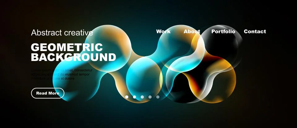 Dark background features vibrant geometric shapes. Text overlays promote work Stock Illustration