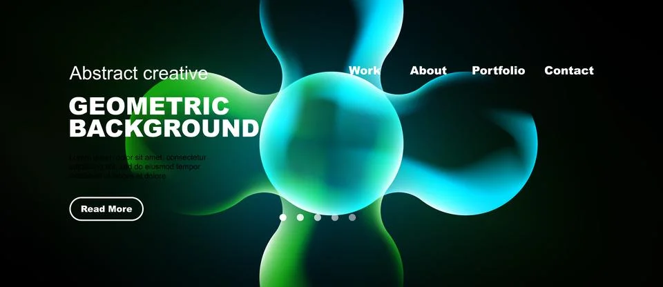Dark background features vibrant geometric shapes, text elements, navigation Stockillustratie