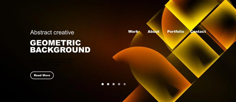 Dark background features vibrant geometric shapes, text elements, navigation Illustrazione stock