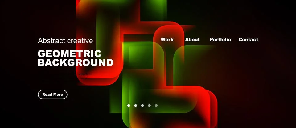 Dark background features vibrant geometric shapes, text elements, navigation Illustration