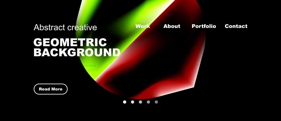 Dark background features vibrant geometric shapes, text overlays, navigation Stock Illustration