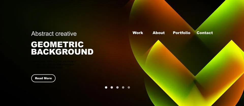 Dark background features vibrant geometric shapes, text elements, navigation Stock Illustration