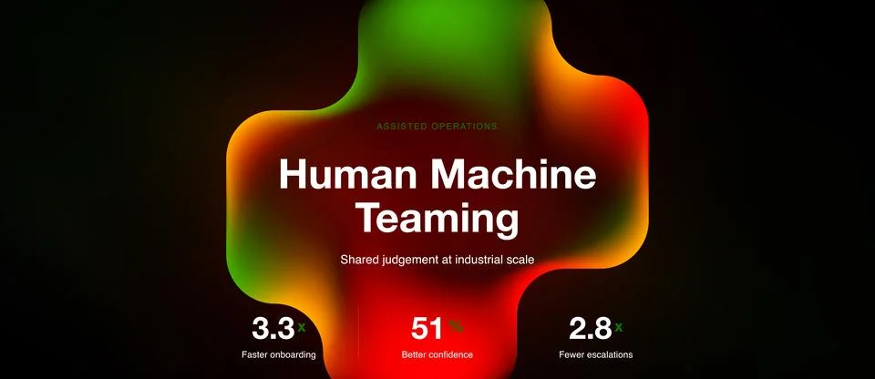 Dark background features vibrant graphic promoting human machine teaming. Stock Illustration