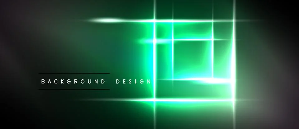 Dark background features vibrant green neon lines forming rectangles. Modern Illustrazione stock