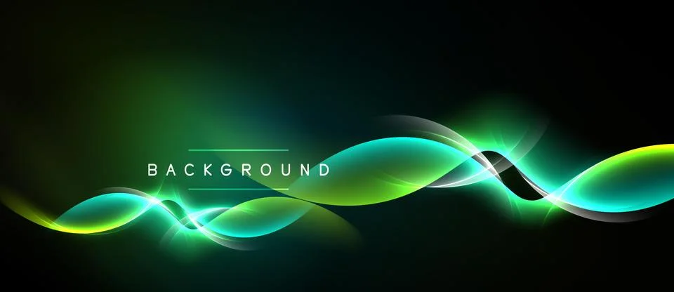 Dark background features vibrant green, yellow waves. Light streaks create Stock Illustration