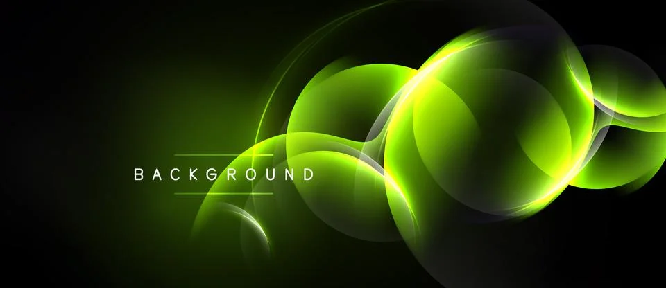Dark background features vibrant green neon curves, circles. Modern design Ilustración de archivo