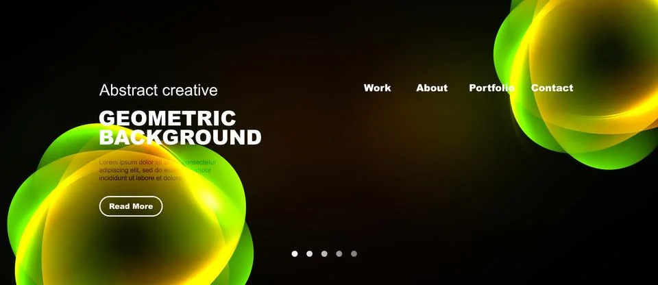 Dark background features vibrant green, yellow abstract shapes. Website heade Stock Illustration