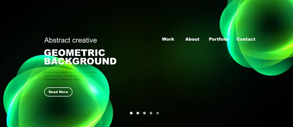 Dark background features vibrant green geometric shapes, text elements, Stock Illustration