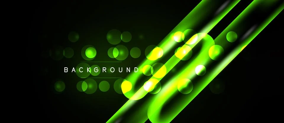 Dark background features vibrant green lines, glowing circles. Modern design, Illustrazione stock