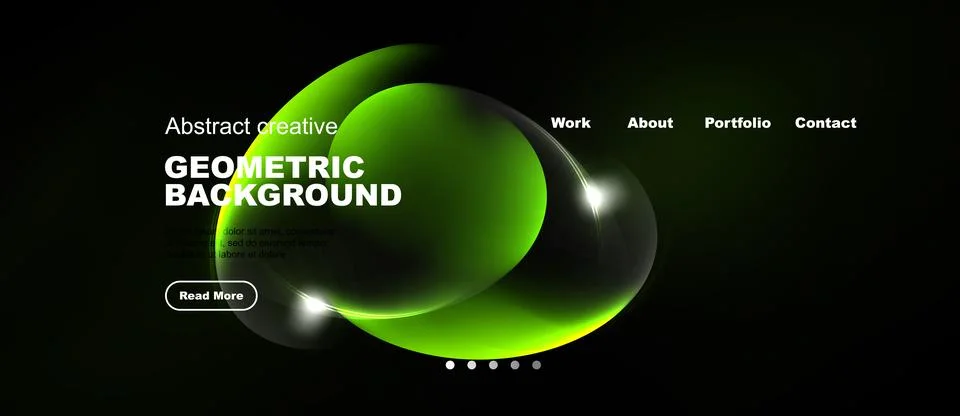 Dark background features vibrant green shapes, text elements, navigation menu Illustrazione stock