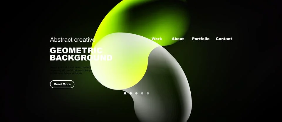 Dark background features vibrant green shapes, text elements, navigation menu Stock Illustration