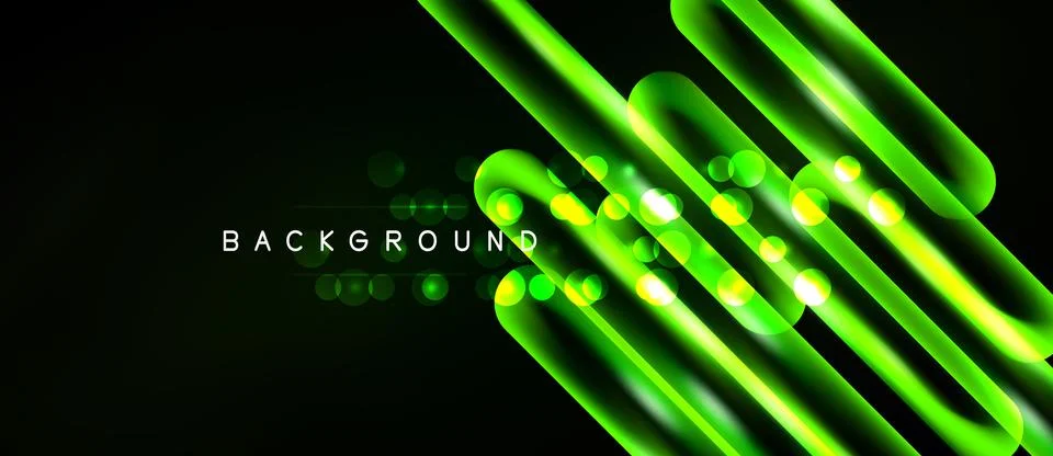 Dark background features vibrant green neon lines, circles. Modern abstract Illustrazione stock