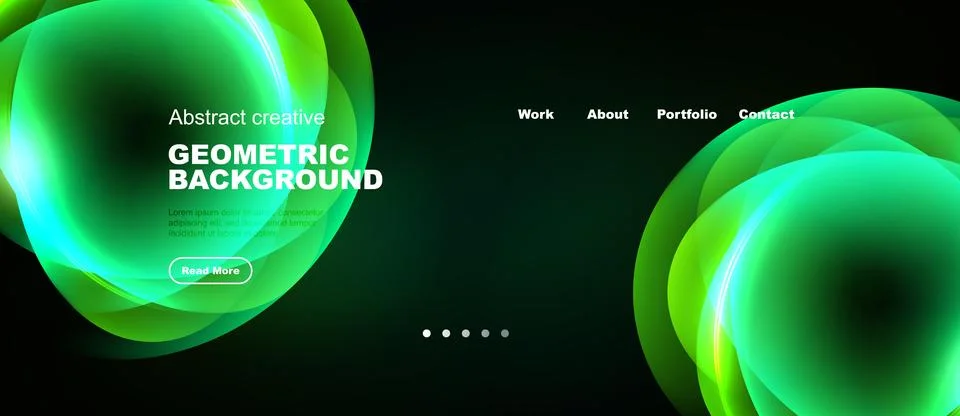 Dark background features vibrant green abstract shapes. Text elements include Stock Illustration