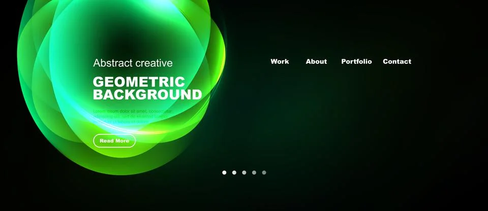 Dark background features vibrant green abstract shapes. Text includes geometr Stock Illustration
