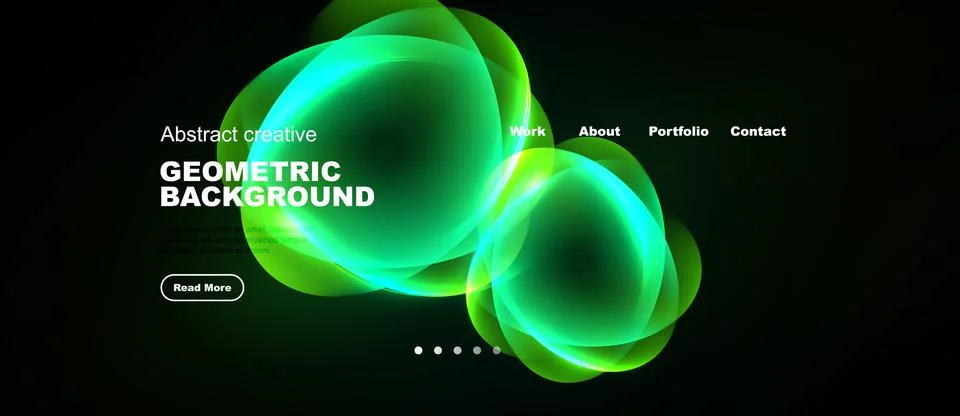 Dark background features vibrant green abstract shapes. Website header includ Stock Illustration