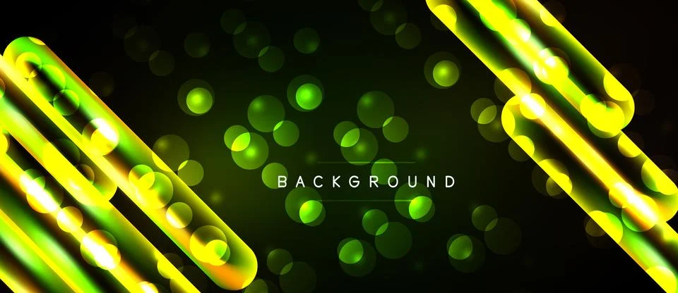 Dark background features vibrant green neon lines, circles. Modern abstract Stock Illustration
