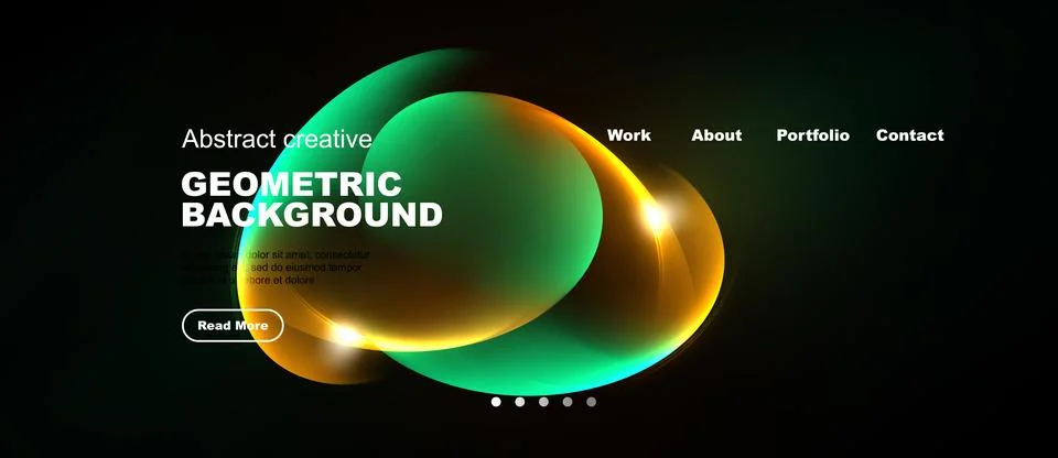 Dark background features vibrant green, yellow shapes. Website header include 스톡 일러스트