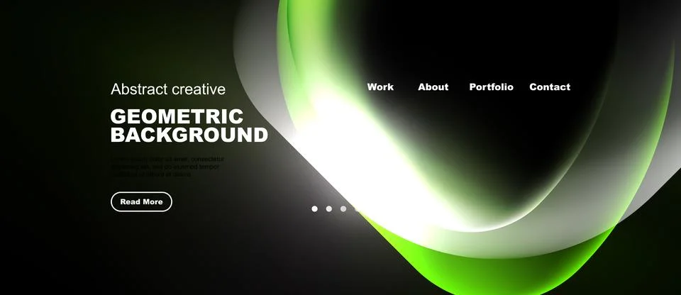 Dark background features vibrant green wave. Website header includes navigati Stock Illustration