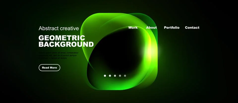 Dark background features vibrant green geometric shapes, text, navigation men Stock Illustration