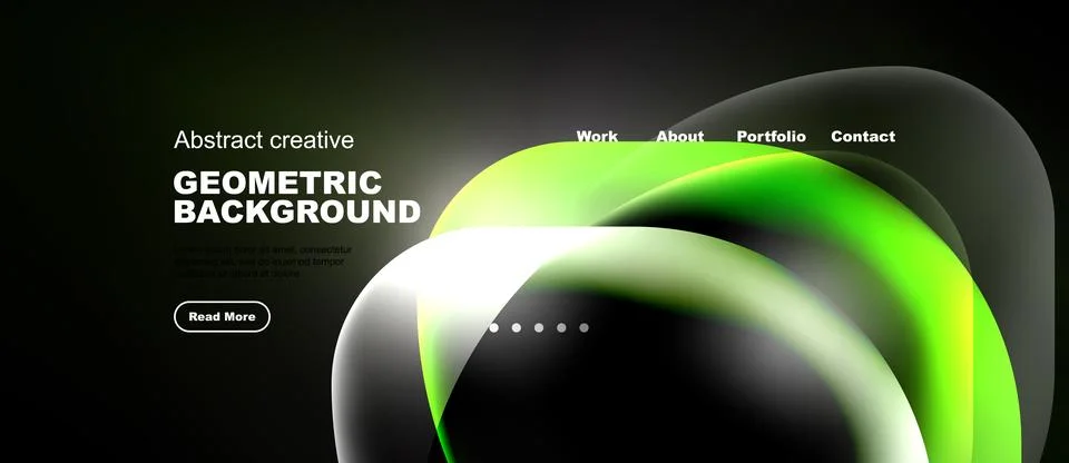 Dark background features vibrant green, blue shapes. Website header includes Illustrazione stock