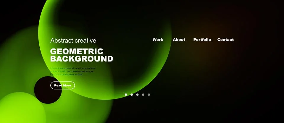 Dark background features vibrant green geometric shapes, text, navigation Stock Illustration