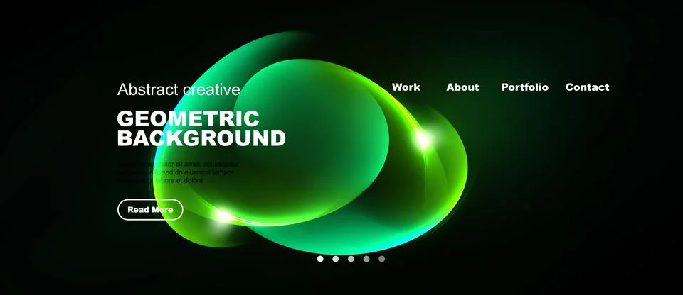 Dark background features vibrant green shapes, text elements, navigation menu Stock Illustration