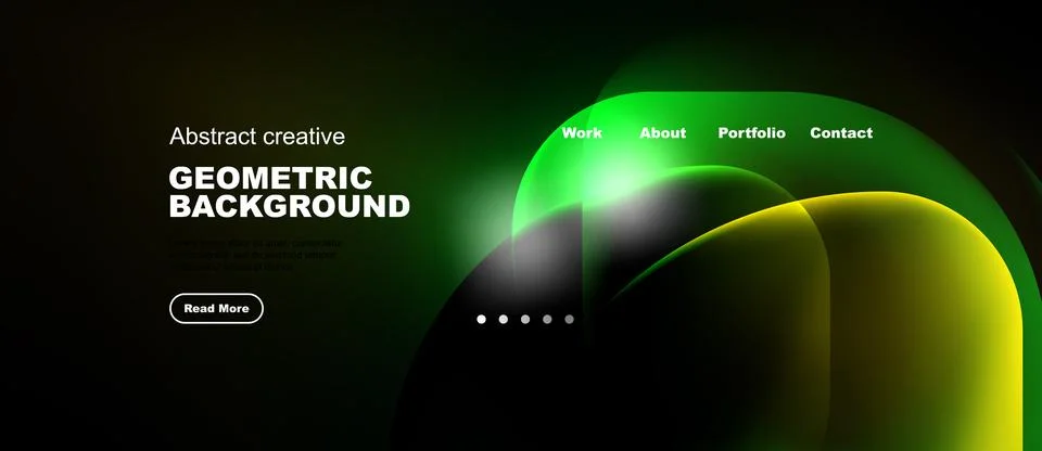 Dark background features vibrant green, yellow shapes. Website header include 스톡 일러스트