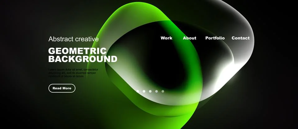 Dark background features vibrant green, white shapes. Website header includes Stock Illustration