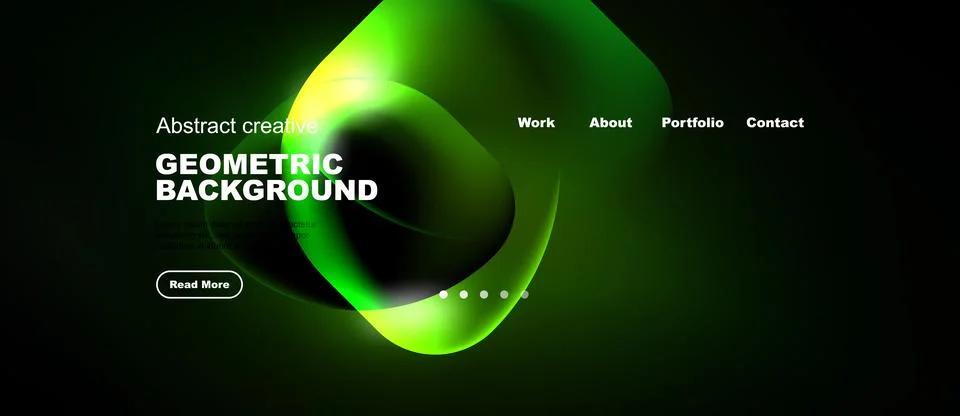 Dark background features vibrant green abstract shapes. Text includes geometr Stock Illustration