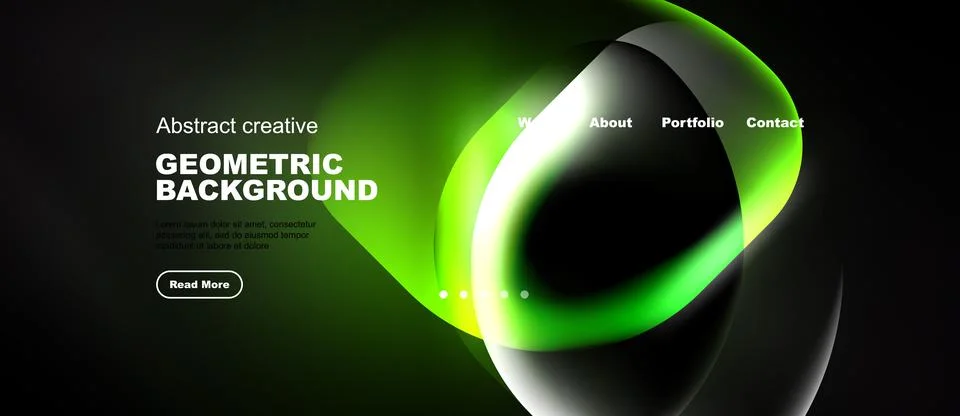 Dark background features vibrant green geometric shapes. Website header inc.. Illustrazione stock