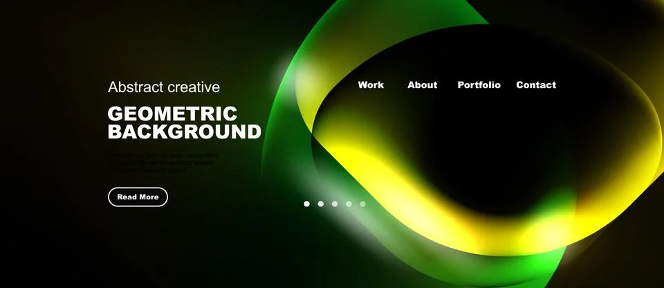 Dark background features vibrant green geometric shapes, text elements, Stock Illustration