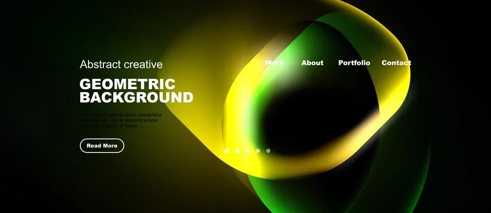 Dark background features vibrant green, yellow shapes. Website header include Illustrazione stock
