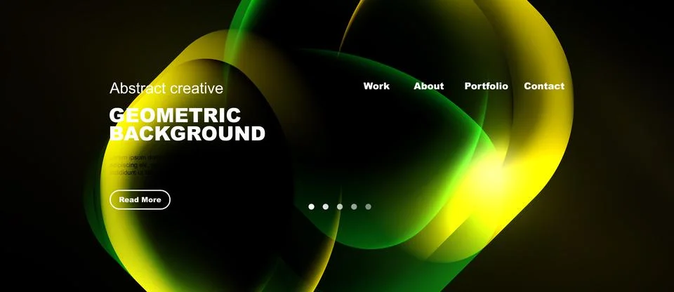 Dark background features vibrant green, yellow shapes. Website navigation Illustrazione stock