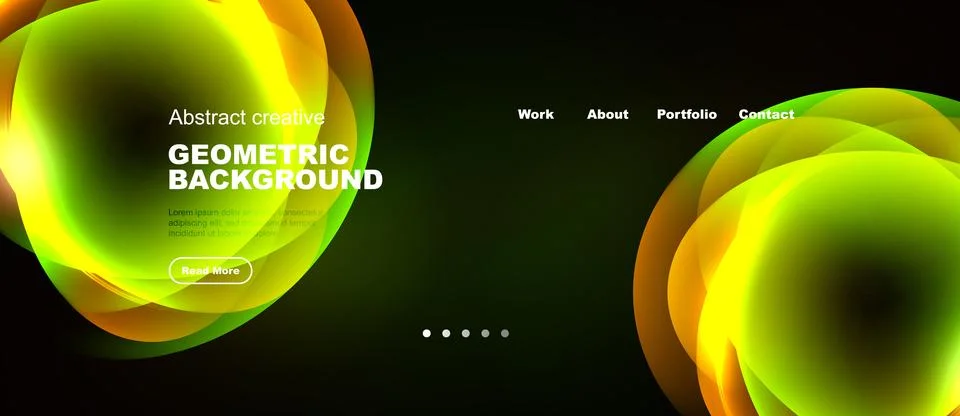 Dark background features vibrant green, yellow shapes. Text elements present, Stock Illustration