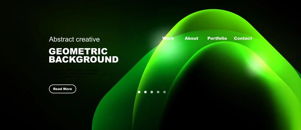 Dark background features vibrant green shapes, text elements, navigation op.. Stock Illustration