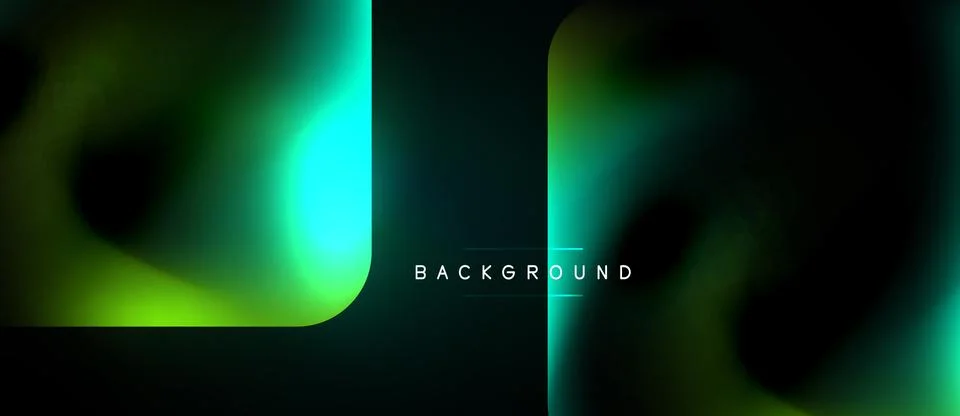 Dark background features vibrant green, teal gradients. Abstract shapes creat Illustrazione stock
