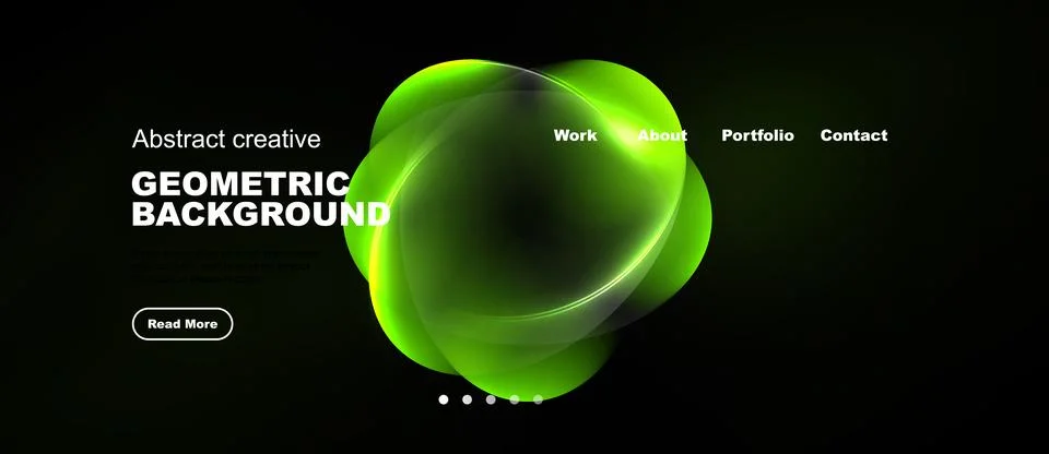 Dark background features vibrant green abstract shapes. Text includes work, Stock Illustration