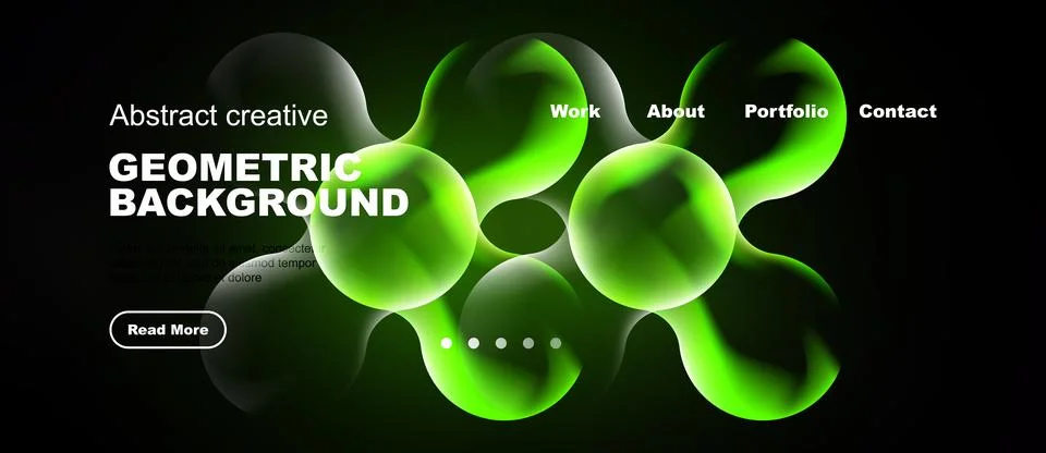 Dark background features vibrant green bubbles, text elements, navigation men Иллюстрация