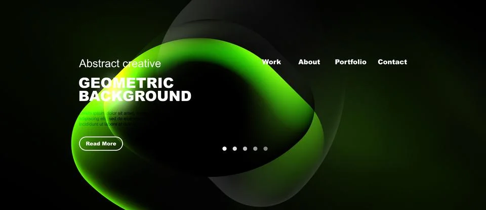 Dark background features vibrant green shapes, text elements, navigation menu イラスト素材
