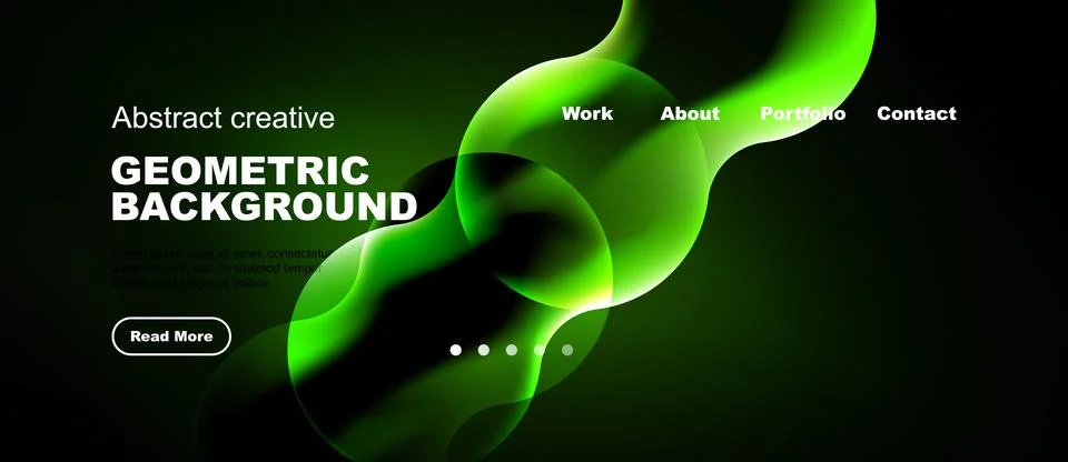 Dark background features vibrant green abstract shapes. Website header includ Stock Illustration