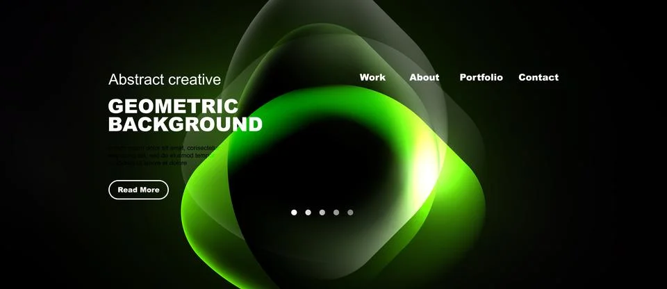 Dark background features vibrant green abstract shapes. Website navigation イラスト素材