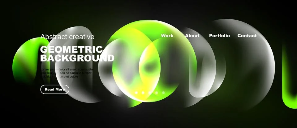 Dark background features vibrant green geometric shapes, text elements, Stock Illustration
