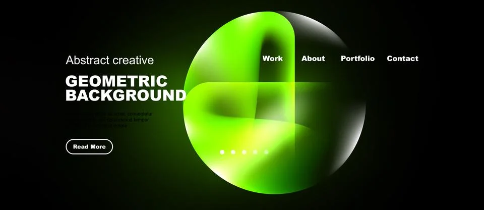 Dark background features vibrant green geometric shapes. Website mockup inc.. Stock Illustration