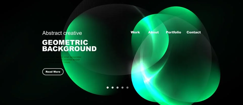 Dark background features vibrant green, teal shapes. Text includes geometric Stock Illustration