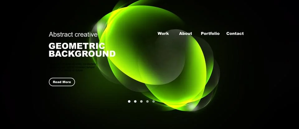 Dark background features vibrant green abstract shapes. Text elements include Stock Illustration