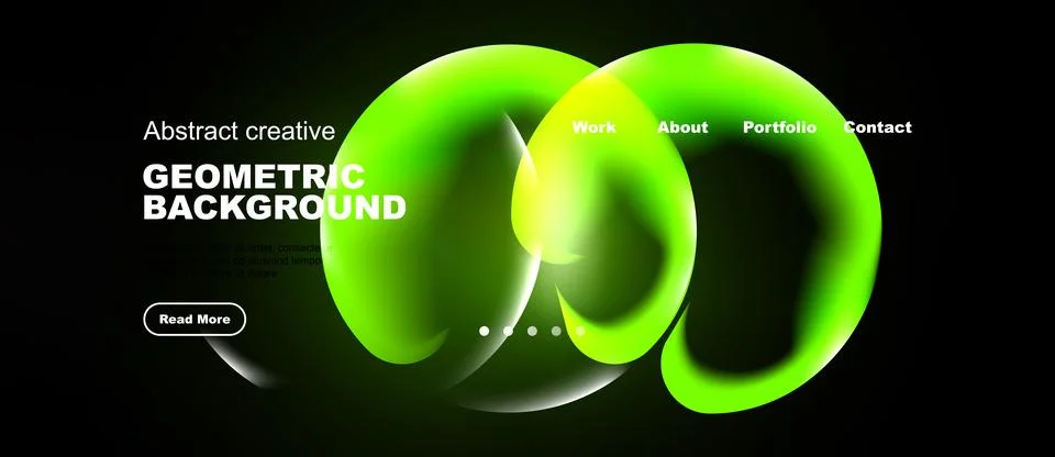 Dark background features vibrant green geometric shapes. Website header inc.. Stock Illustration
