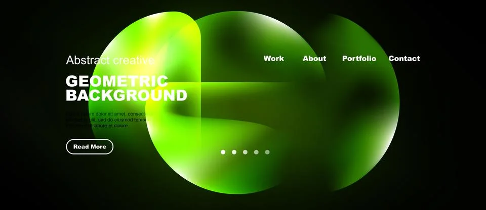 Dark background features vibrant green overlapping circles. Website navigatio イラスト素材