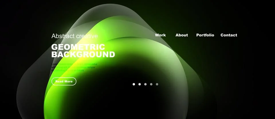 Dark background features vibrant green abstract shapes. Text overlays promote Stock Illustration